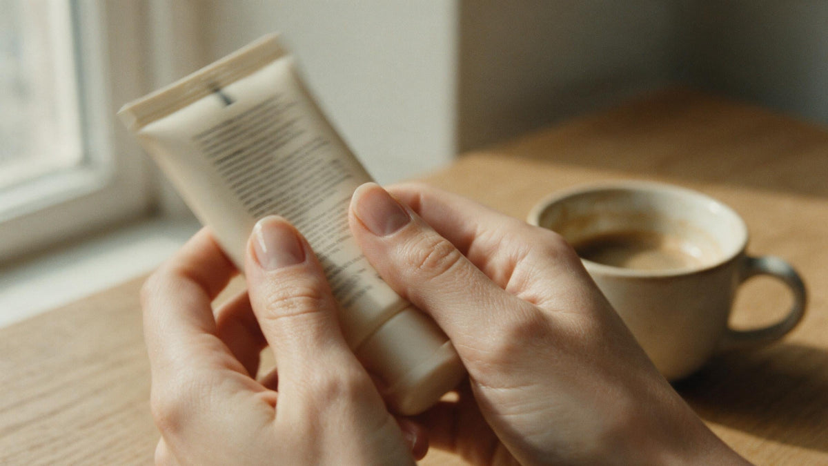Hands turning a cosmetic tube to read the back